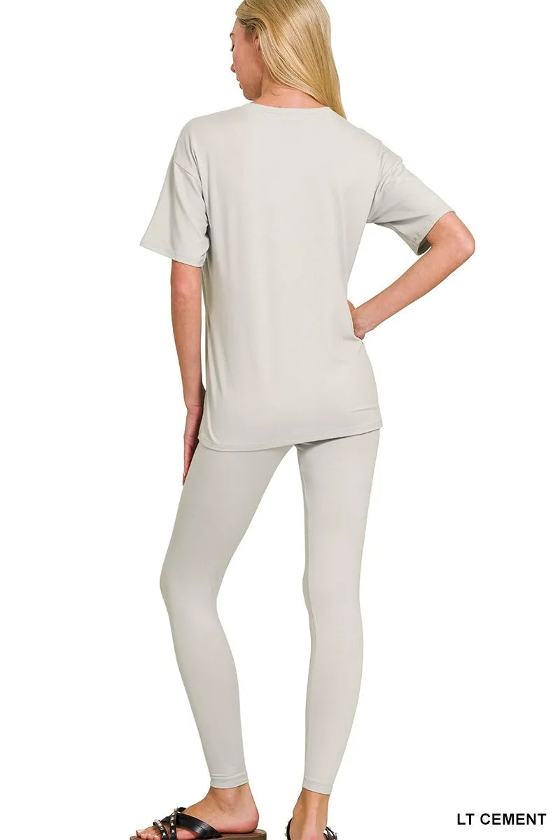 Zenana microfiber loungewear set with short sleeve top and pants, brushed soft fabric, comfortable casual sleepwear.