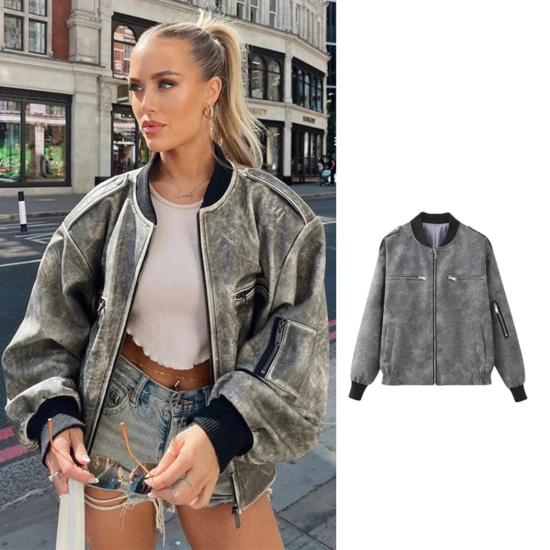 Autumn Faux Leather Bomber Jackets for Women Zipper Cropped Coat Woman Long Sleeve Streetwear Y2K Women's Jacket