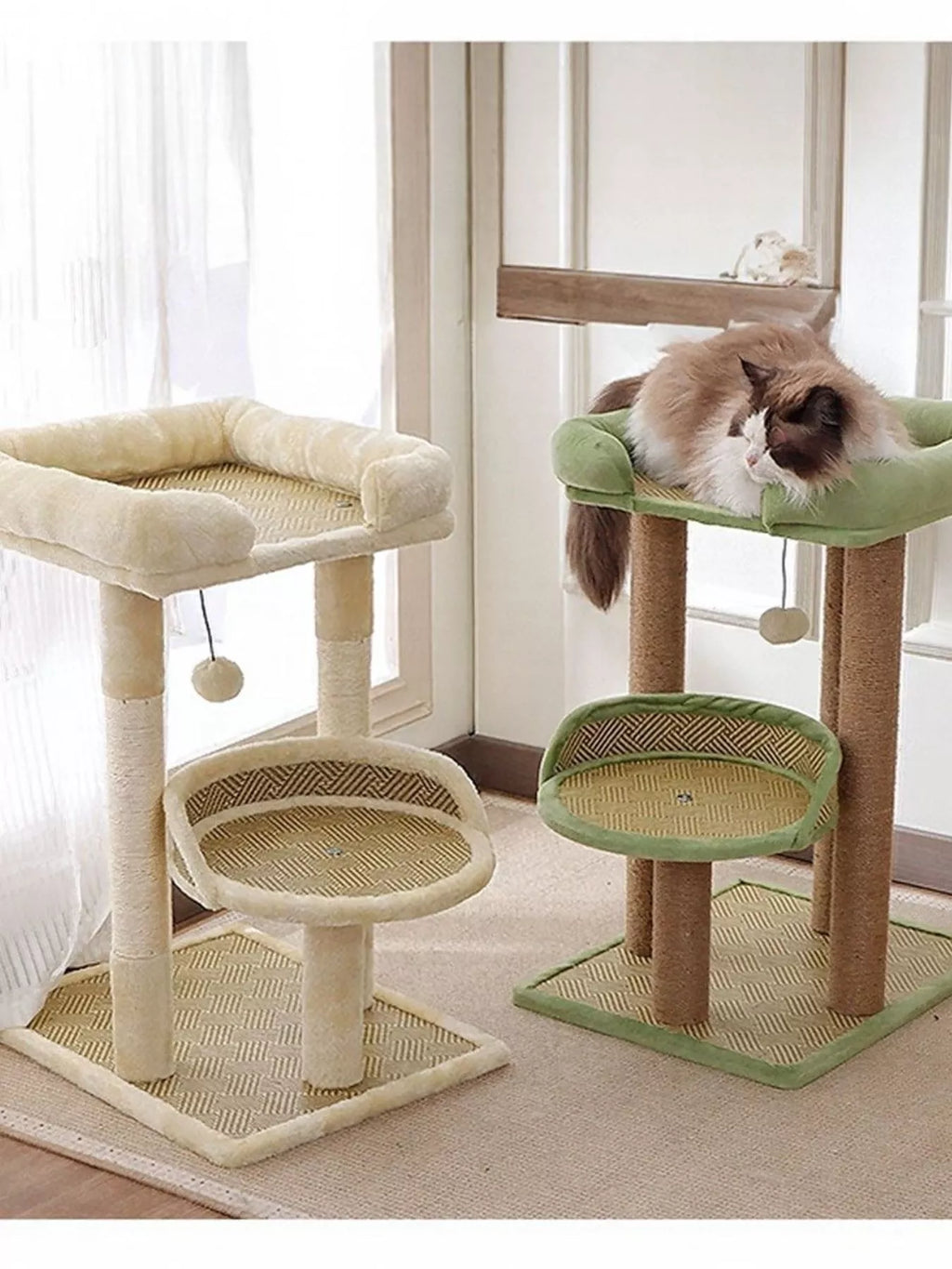 Soft plush cat tree condo with scratching posts, featuring multiple platforms and cozy hiding spots for cats to play and rest.
