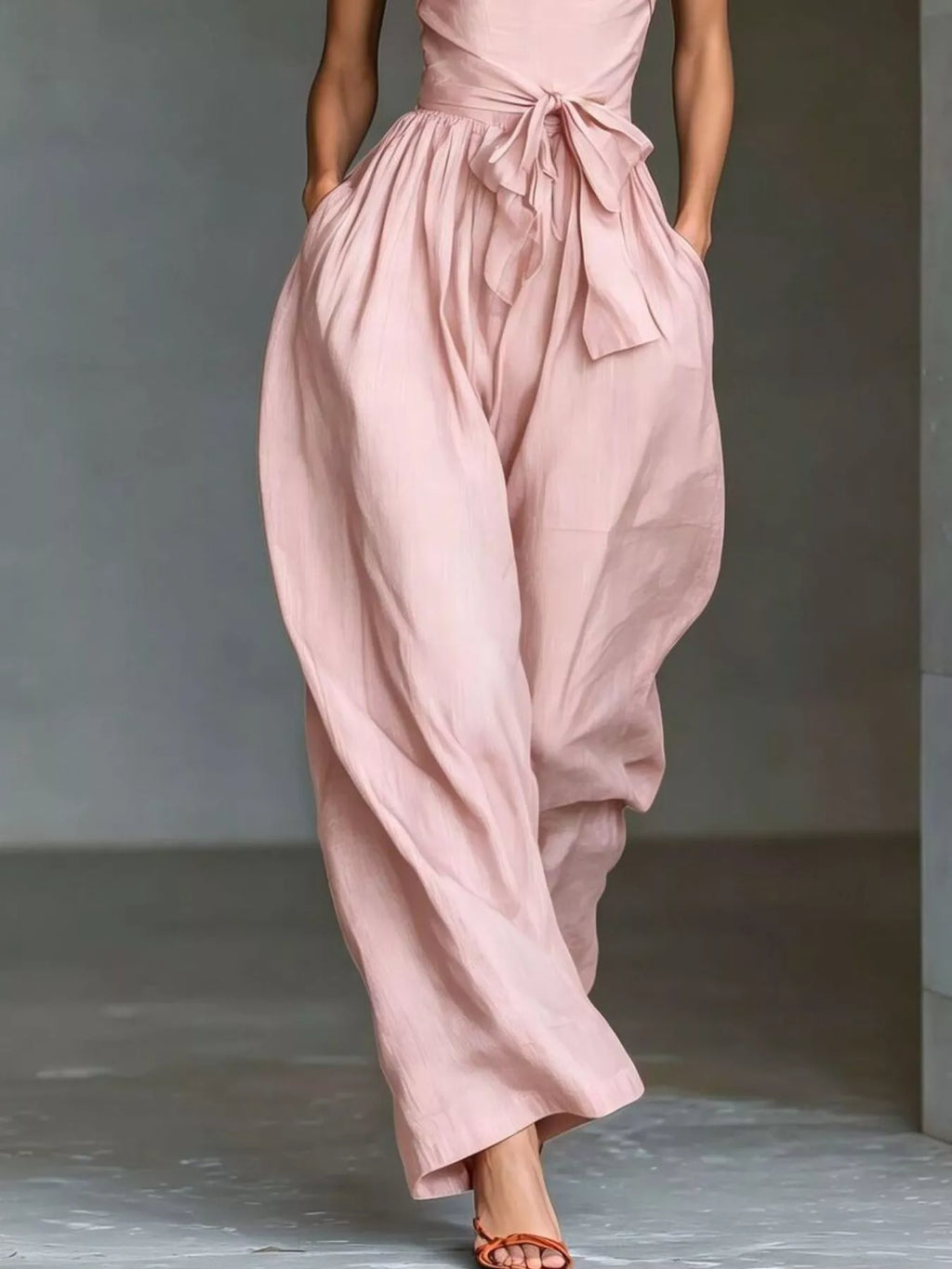 Halter neck wide-leg jumpsuit with waist-tie detail, stylish and comfortable Trendsi women's jumpsuit, max origin fabric.