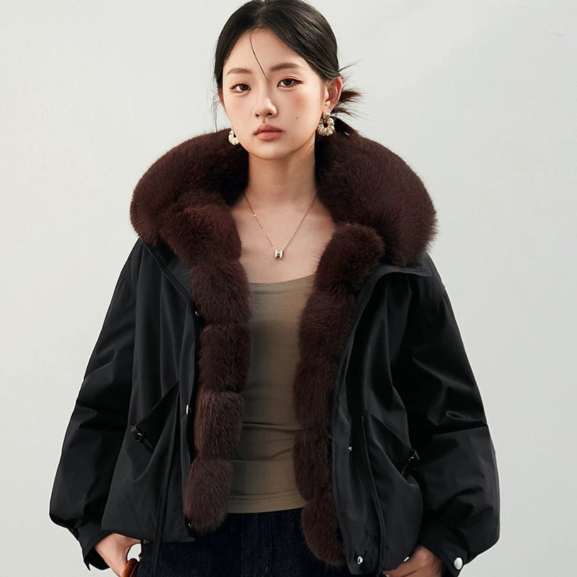 Women's Cropped Workwear Parka with Detachable Large Fur Collar, Thickened Cotton-Filled Windbreaker Coat eprolo
