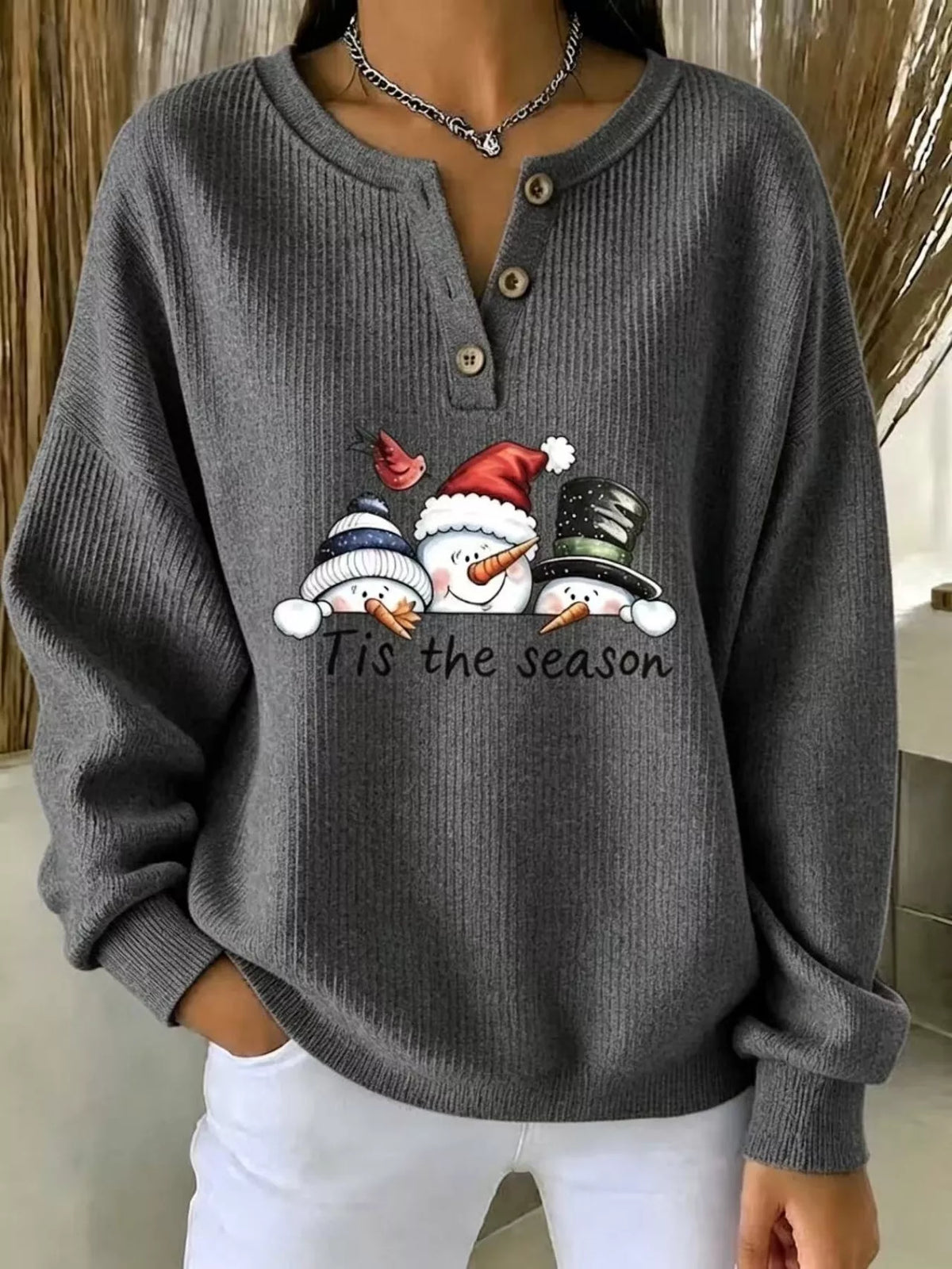 Christmas snowman graphic ribbed henley sweatshirt, view 9
