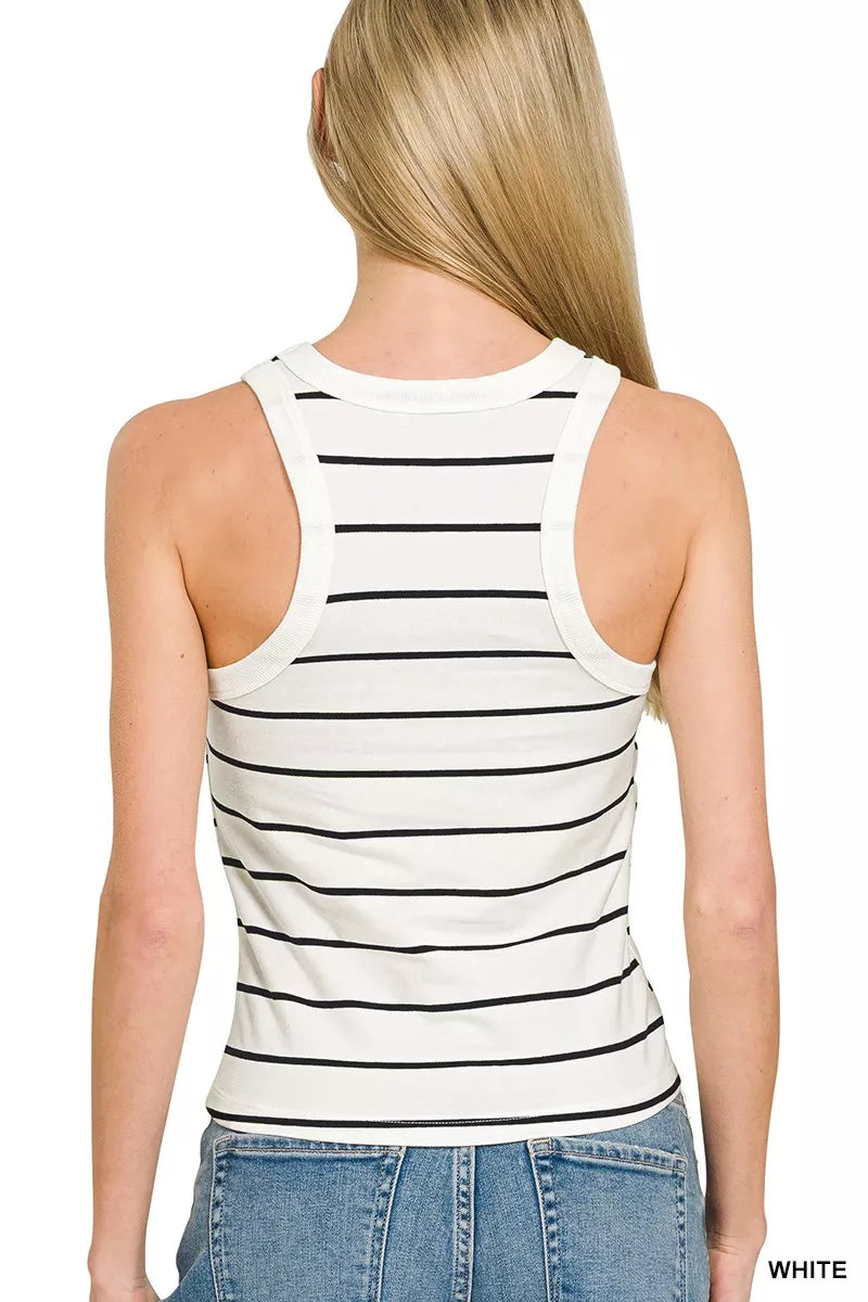 Striped Zenana round neck tank top by Trendsi, featuring a casual fit and sleeveless design, perfect for everyday wear.