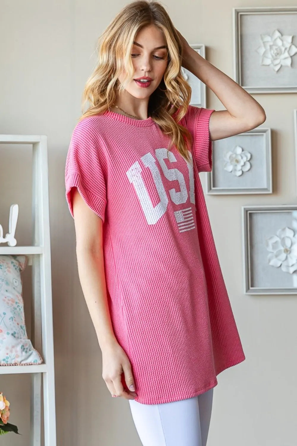 Heimish full size USA graphic short sleeve ribbed top in black, featuring a vibrant USA flag print and fitted ribbed design.