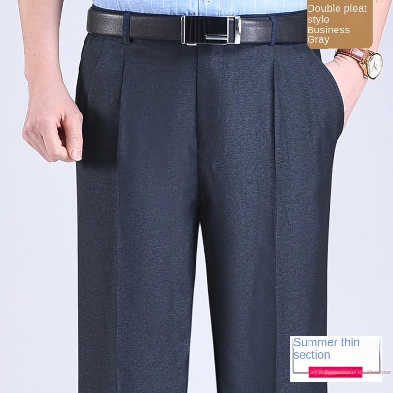High Waist Silk Thin Suit Pants Men Double Pleated Summer Dress Trousers For Male Formal Pants Business Size 29-50 52 54 56