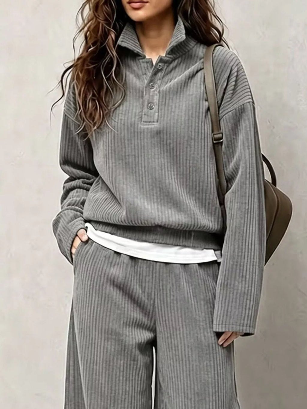 Corduroy button detail top and wide-leg pants set, view 8