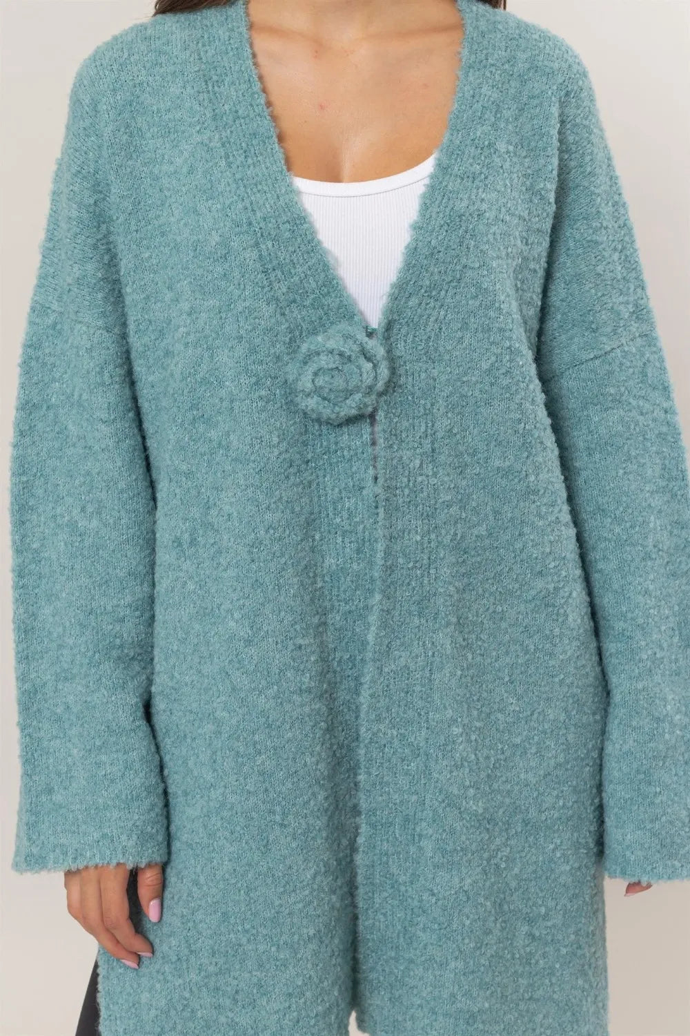 Ocean blue longline sweater cardigan with front rosette, view 5