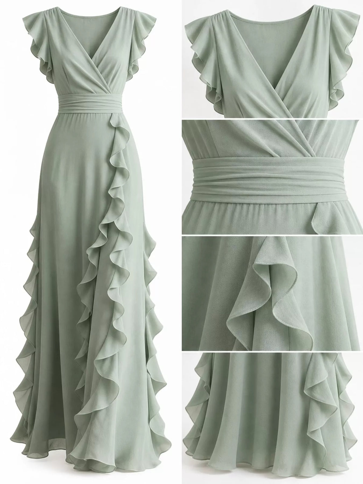 Sleeveless ruffled surplice maxi dress in flowy fabric, featuring a fitted waist and elegant design by Trendsi.