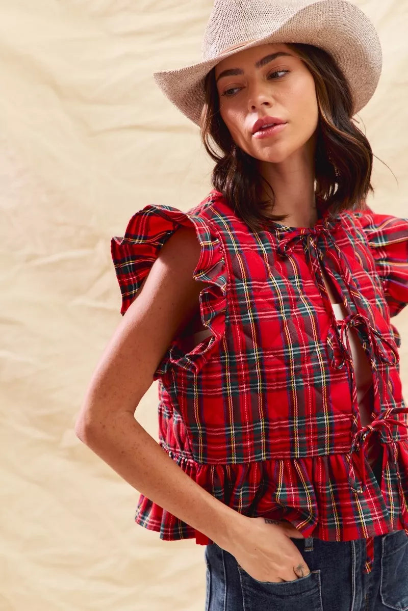 Red plaid ruffled quilted Christmas vest top, view 3