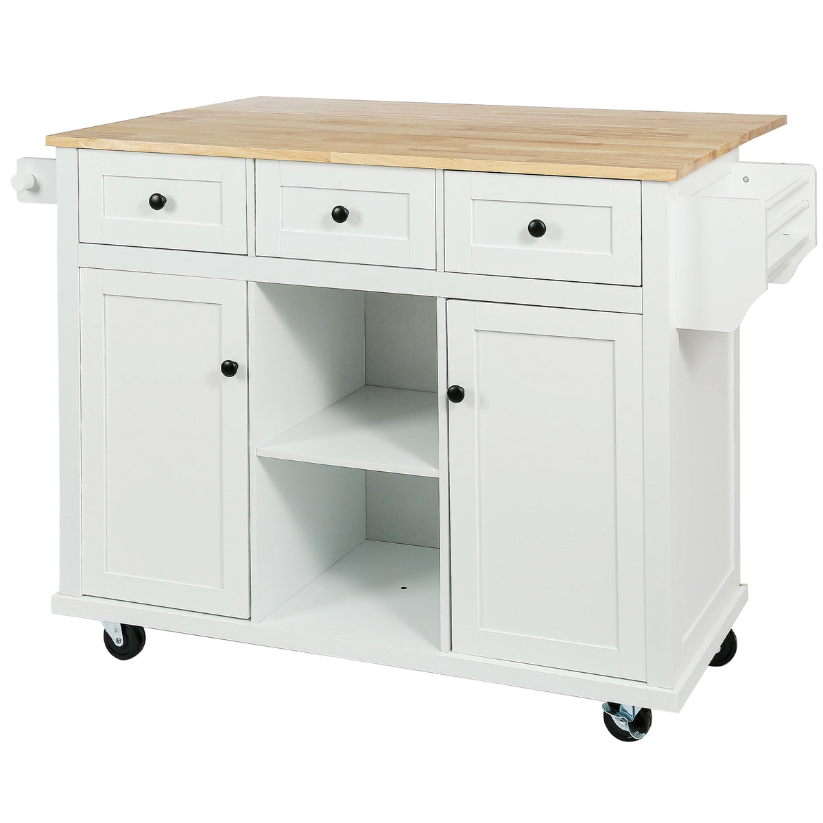 White Rolling Kitchen Island with Drop-Leaf Top & Storage