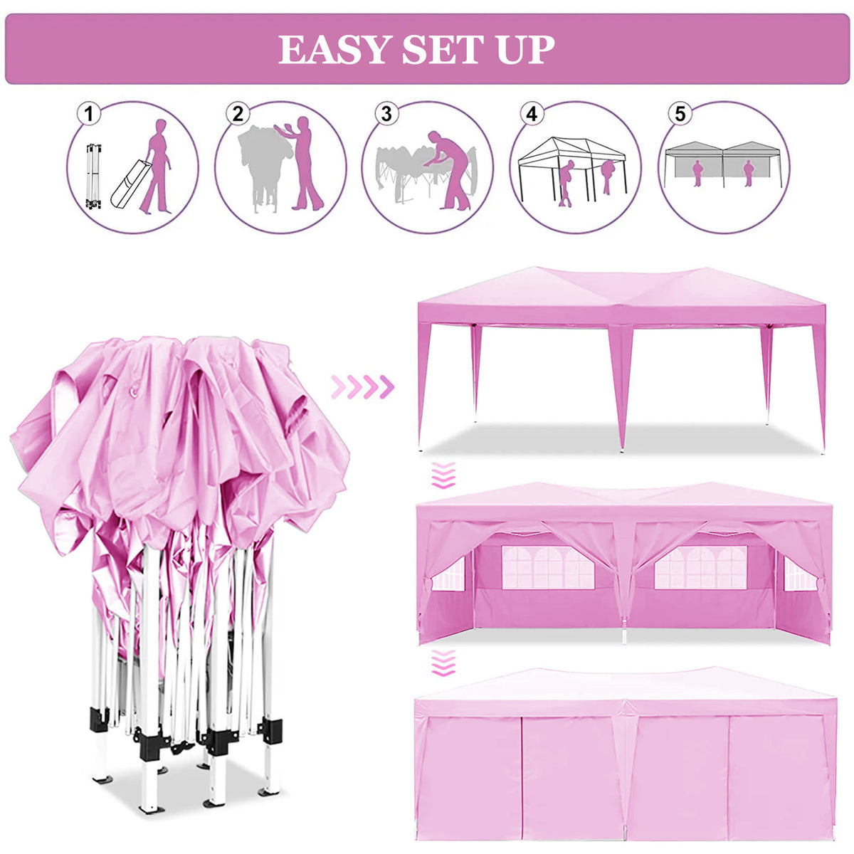 10'x20 'folding canopy with 6 detachable side wall outdoor activity sheds UPF 50+terrace portable tent (pink)