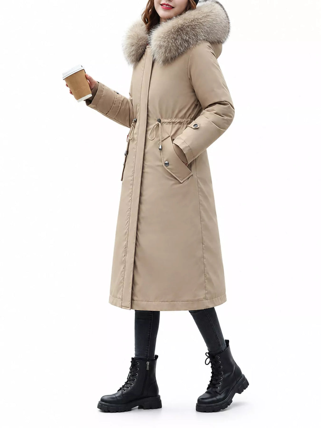 Longline hooded parka with faux fur trim and drawstring waist, view 4