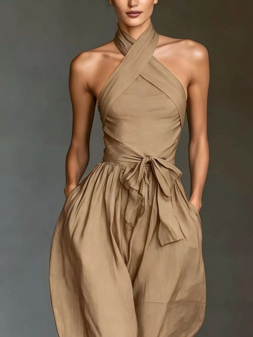 Halter neck wide-leg jumpsuit with waist-tie detail in Max-Origin fabric, styled for a chic and comfortable look.
