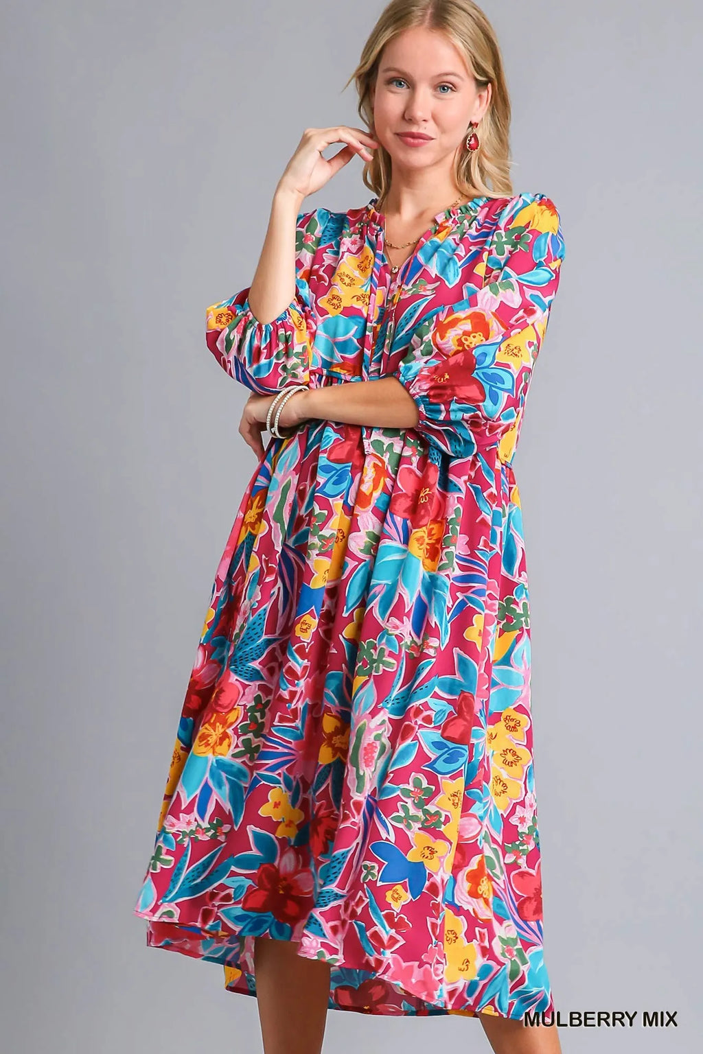 Plus size floral print tie neck midi dress with pockets by Umgee, featuring a stylish full-length design and vibrant pattern.
