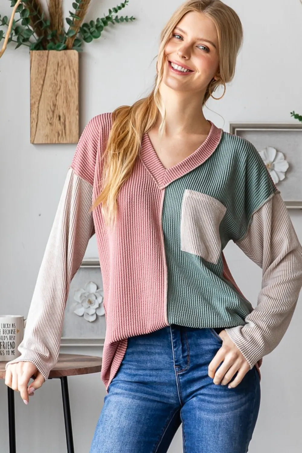 Heimish Color Block Exposed Seam Ribbed T-Shirt featuring contrasting panels and textured ribbed fabric.
