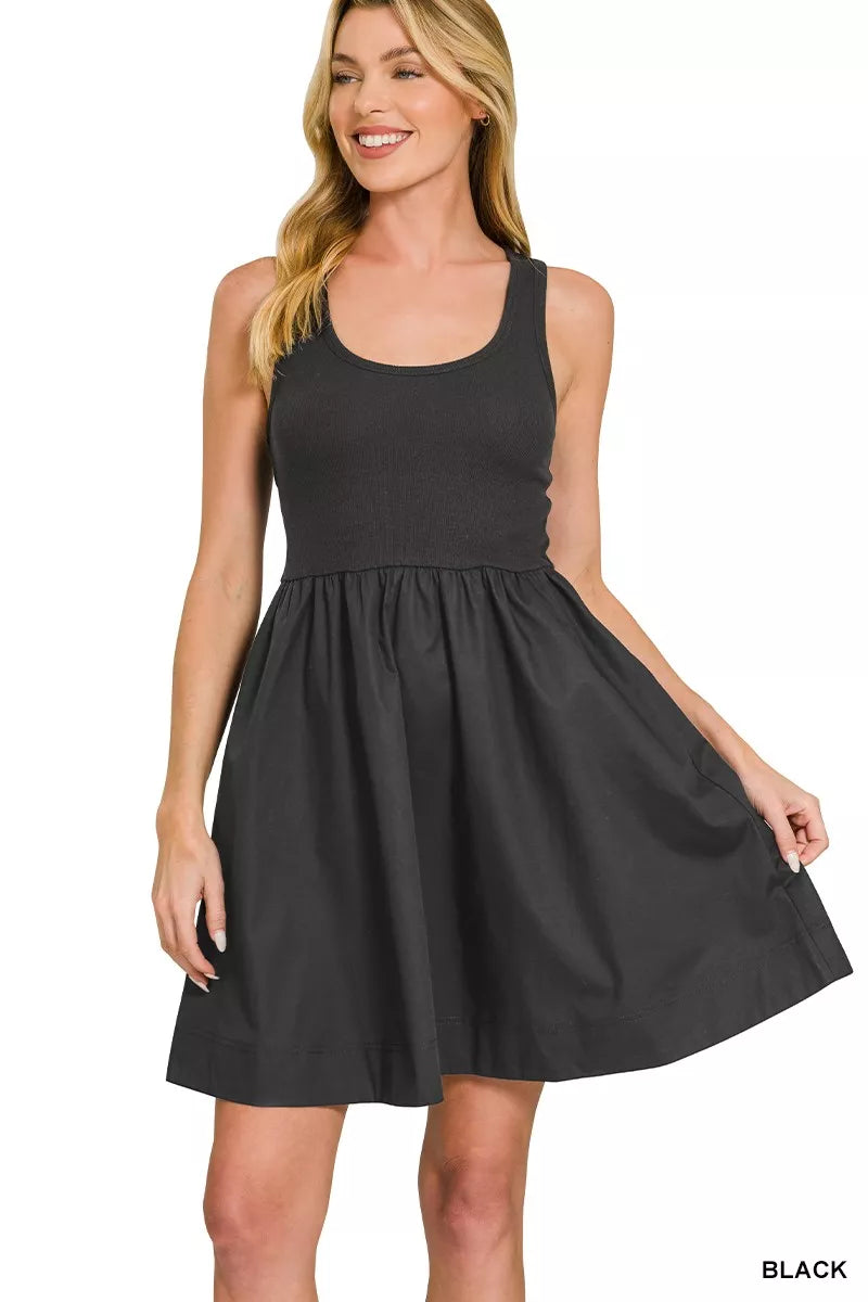 Trendsi Zenana knit and woven midi dress featuring a fitted bodice and flowing skirt, in a stylish mixed fabric design.
