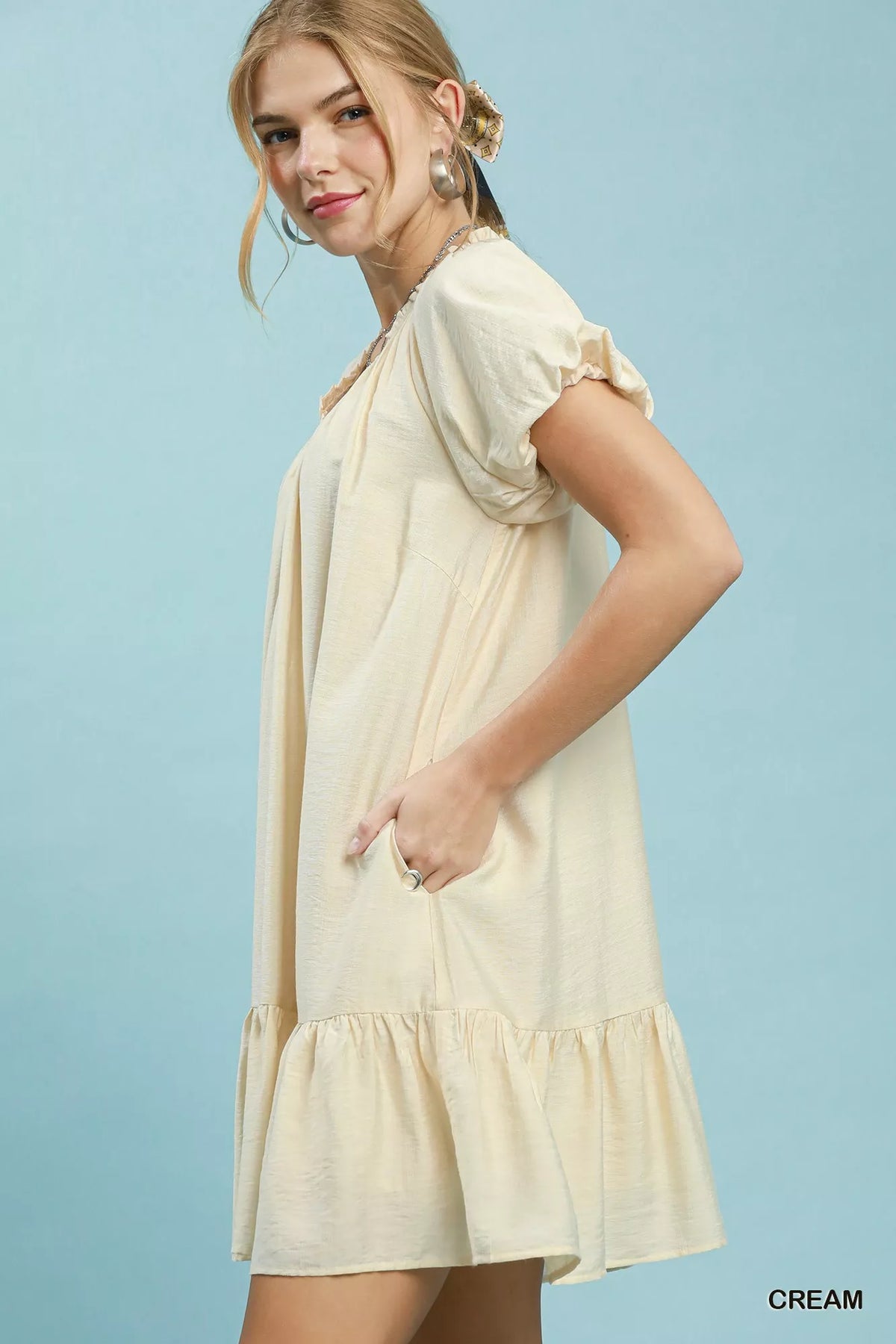 Umgee ruffle hem shift mini dress in pastel fabric, featuring a relaxed fit and stylish ruffle detail at the hem.
