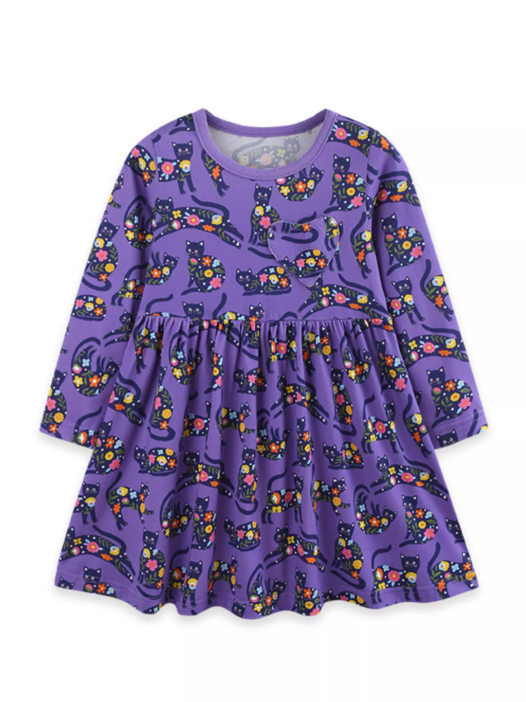 Children's floral cat print long-sleeve A-line casual dress by Trendsi, featuring a colorful floral pattern and cute cat illustrations.