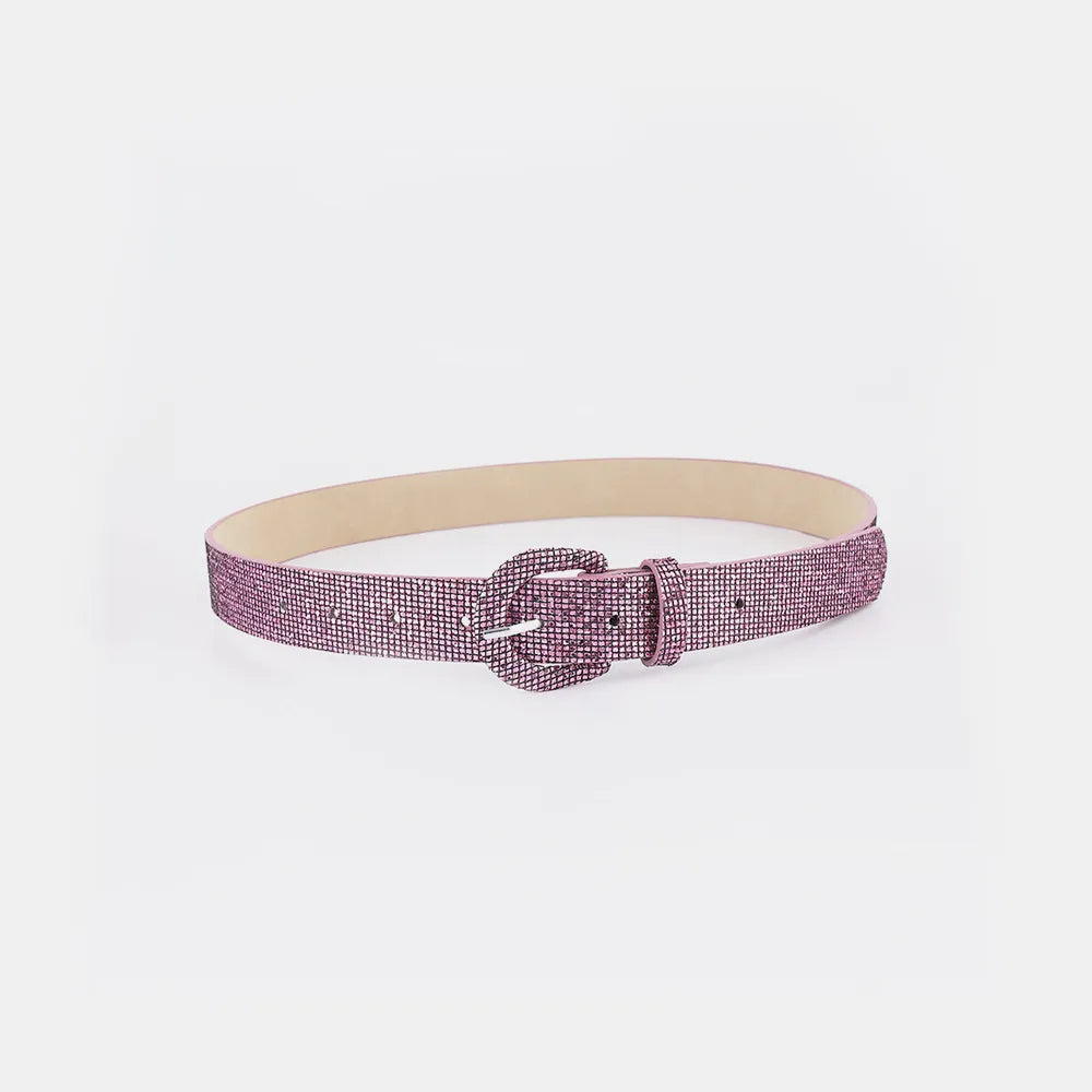 Sequin PU leather belt from Trendsi with a shiny, decorative design, featuring a silver buckle and adjustable strap.