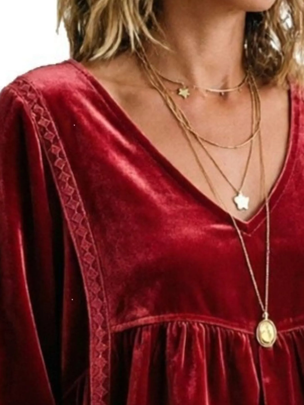 Full size V-neck long sleeve velvet blouse with lace trim, plus size, stylish and elegant for fashionable wear.