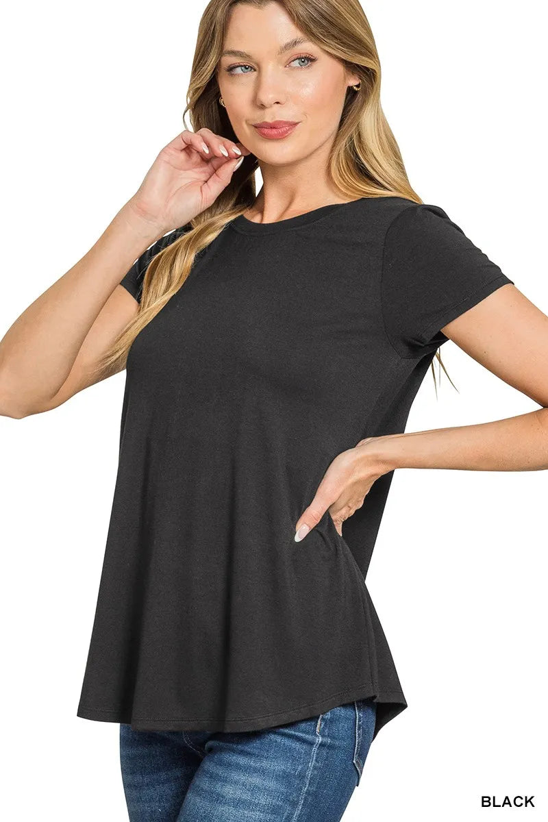 Light blue Zenana Rayon short sleeve T-shirt with a flowy round hem, casual style, and soft fabric, ideal for everyday wear.