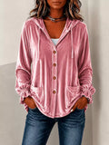 Plus size velvet button-down hooded jacket with ruffles