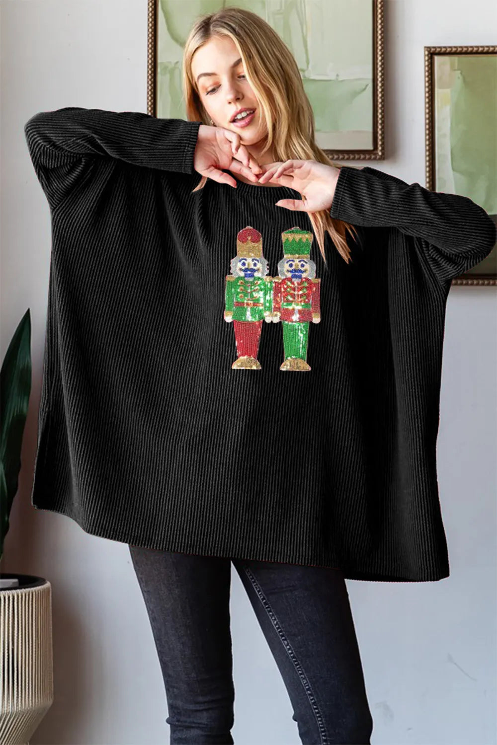 Black long sleeve ribbed top with sequin nutcracker, view 3