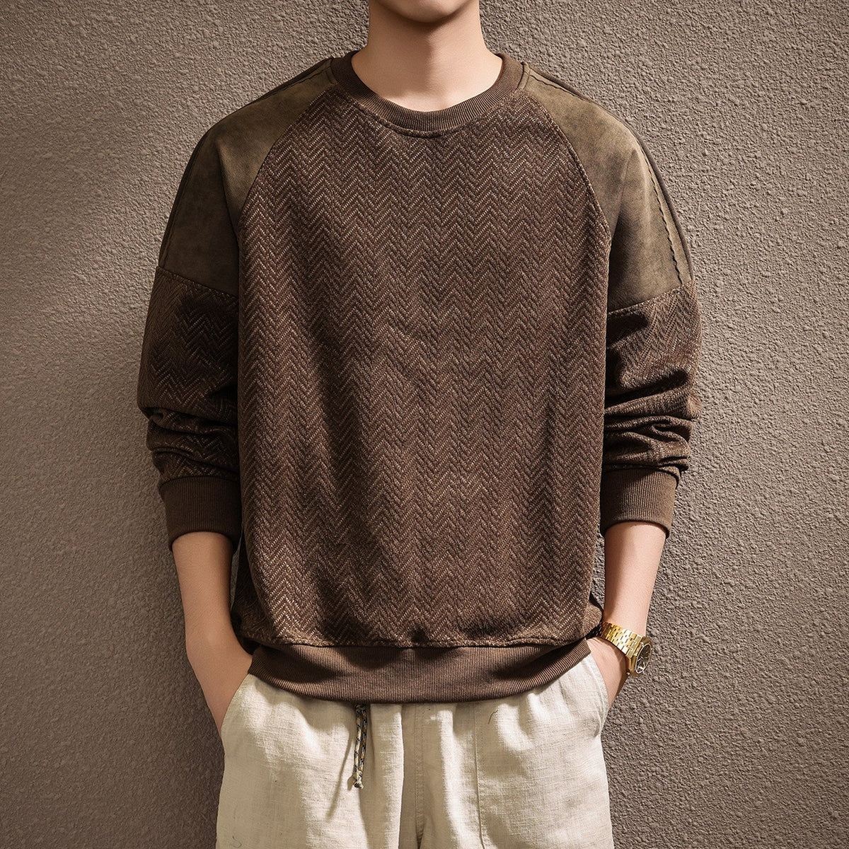 Premium Retro Heavyweight Casual Men's Long Sleeve Color-Block Textured Sweatshirt eprolo