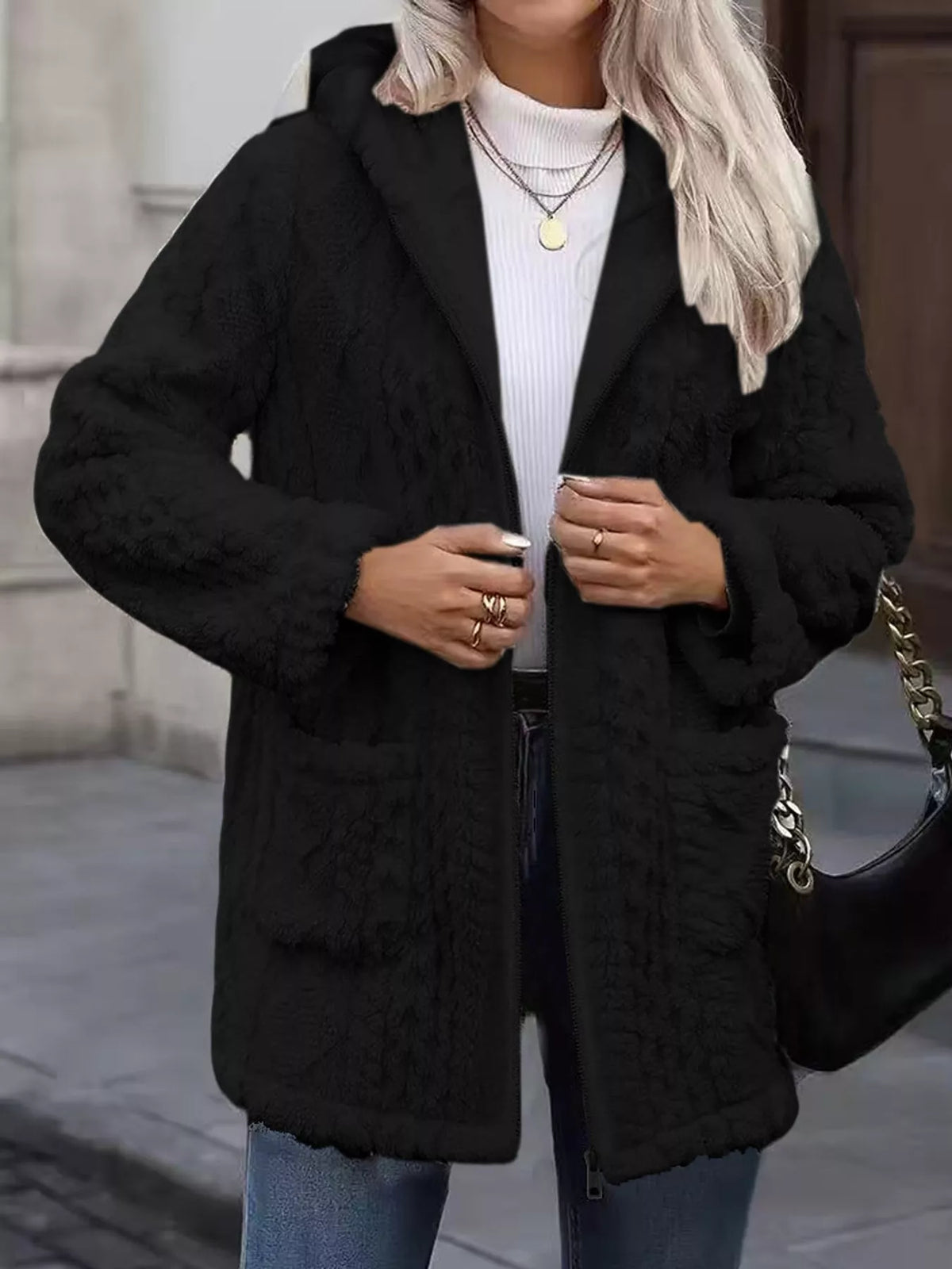 Faux fur hooded zip-up jacket, view 12
