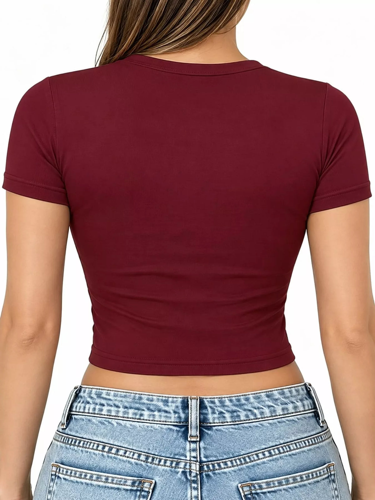 Slim fit basic crew neck short sleeve crop T-shirt by Trendsi, shown in the image with a fitted design and classic white color.