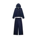 Casual Chic Women Denim Suit Solid Button Hooded Blouse Drawstring Straight Pants New Fashion Suits