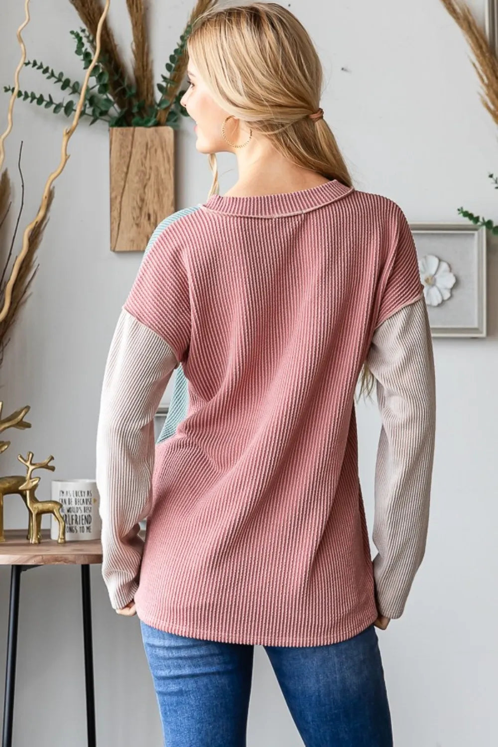 Heimish Color Block Exposed Seam Ribbed T-Shirt with contrasting panels and ribbed fabric, casual and stylish for everyday wear.