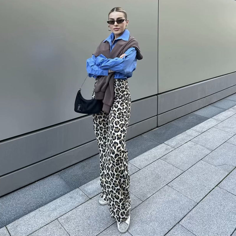 Women's Leopard-Print Wide-Leg Sport Pants