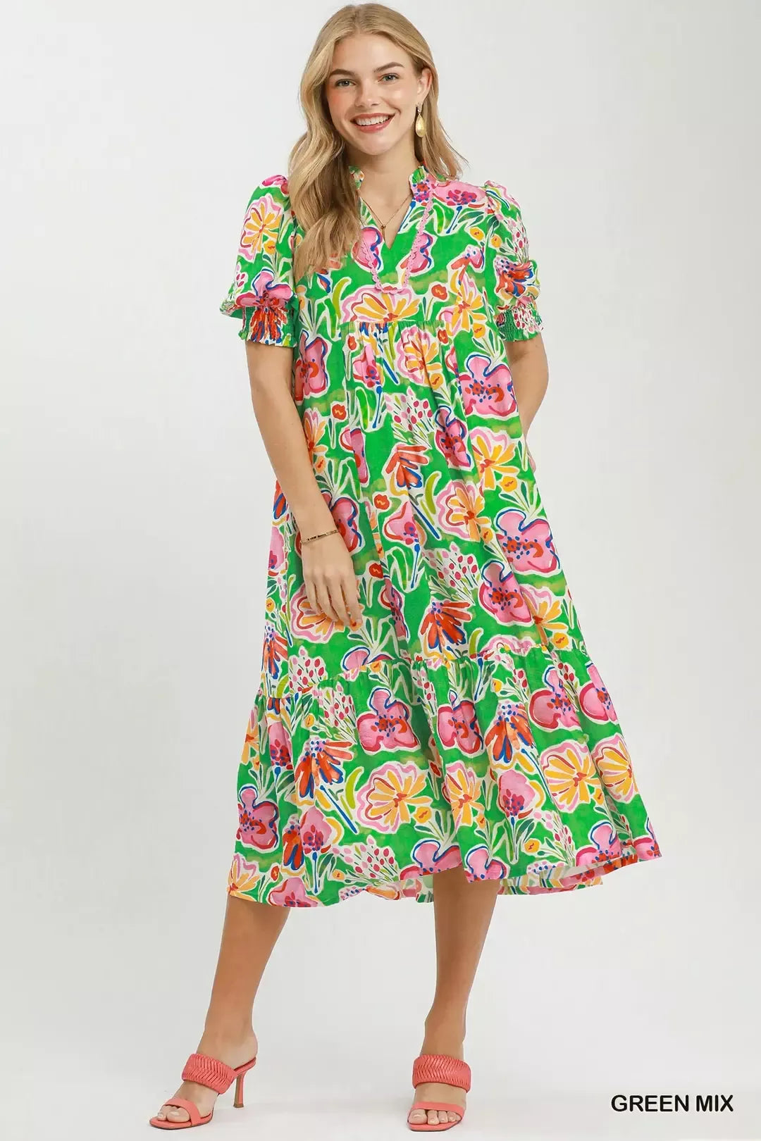 Floral print puff sleeve tiered midi dress by Umgee, featuring a flowy silhouette and feminine design perfect for spring and summer.