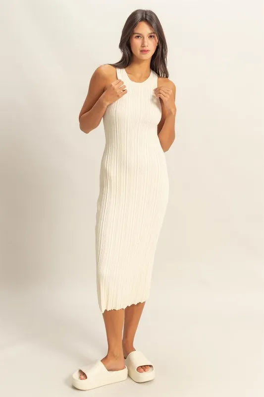 White round neck ribbed knit bodycon dress, view 4