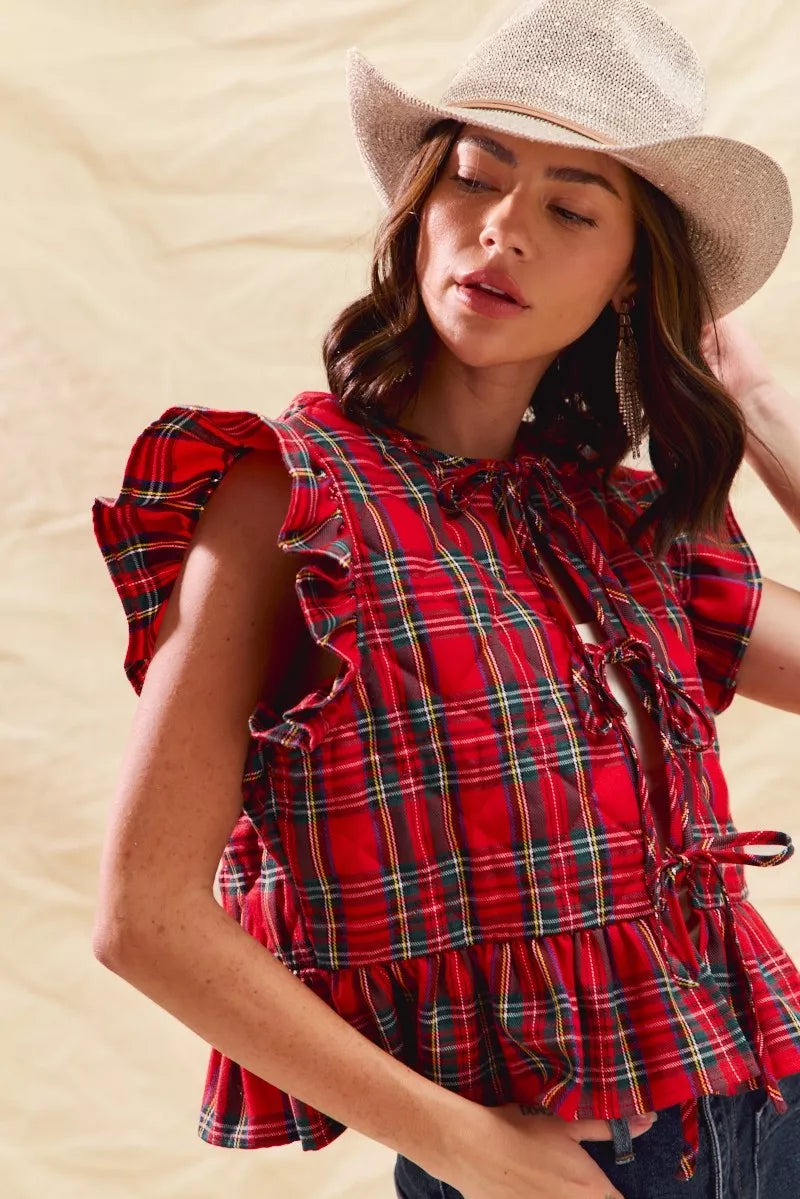 Red plaid ruffled quilted Christmas vest top, view 14