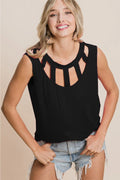 Trendsi BiBi sleeveless round neck top with cutout detail, showcasing a stylish, fitted design in a soft fabric.
