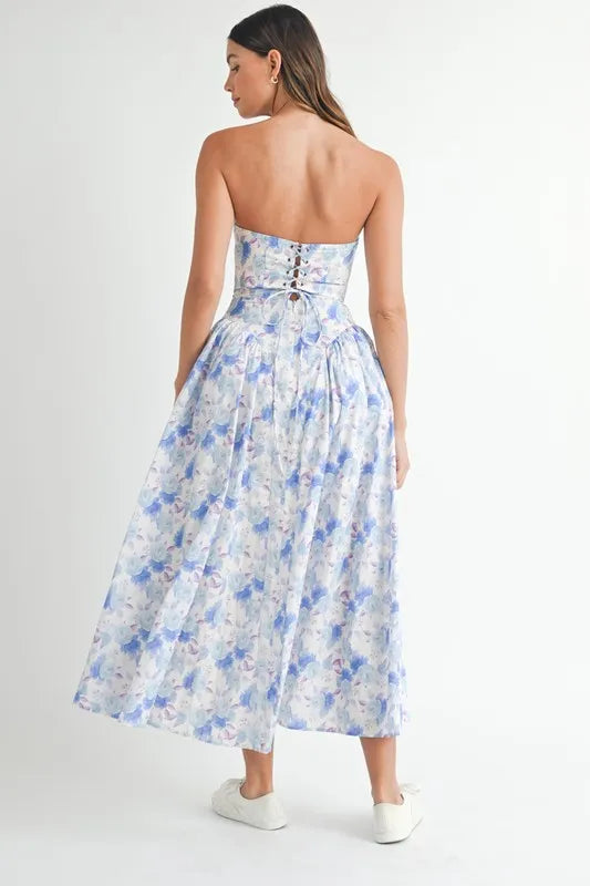 MABLE Sweetheart neckline floral printed midi dress by Trendsi, featuring a fitted bodice and flowing skirt, ideal for spring or summer wear.