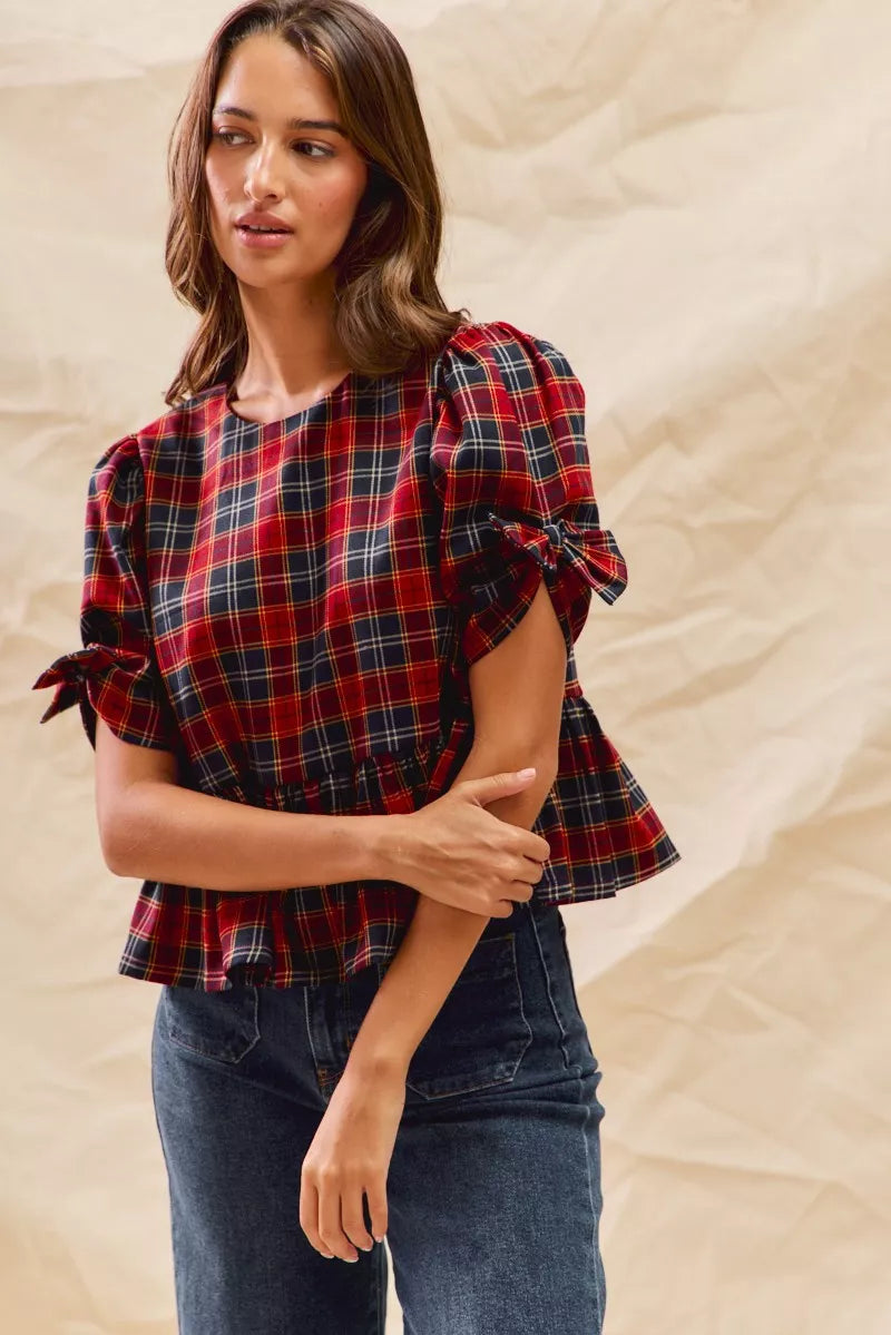 Red Christmas plaid ribbon short sleeve top, view 4