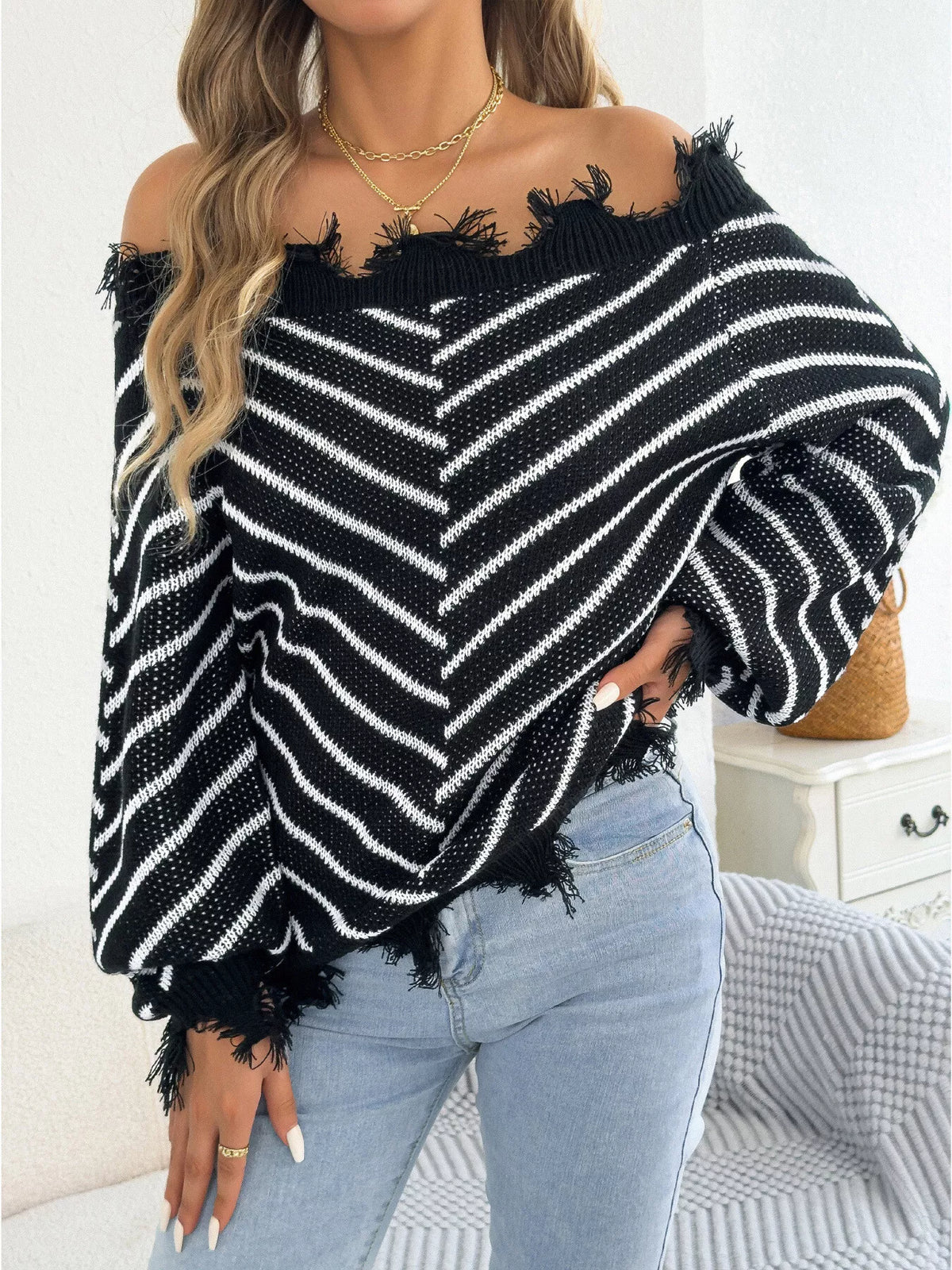 Off-shoulder distressed striped sweater, view 3