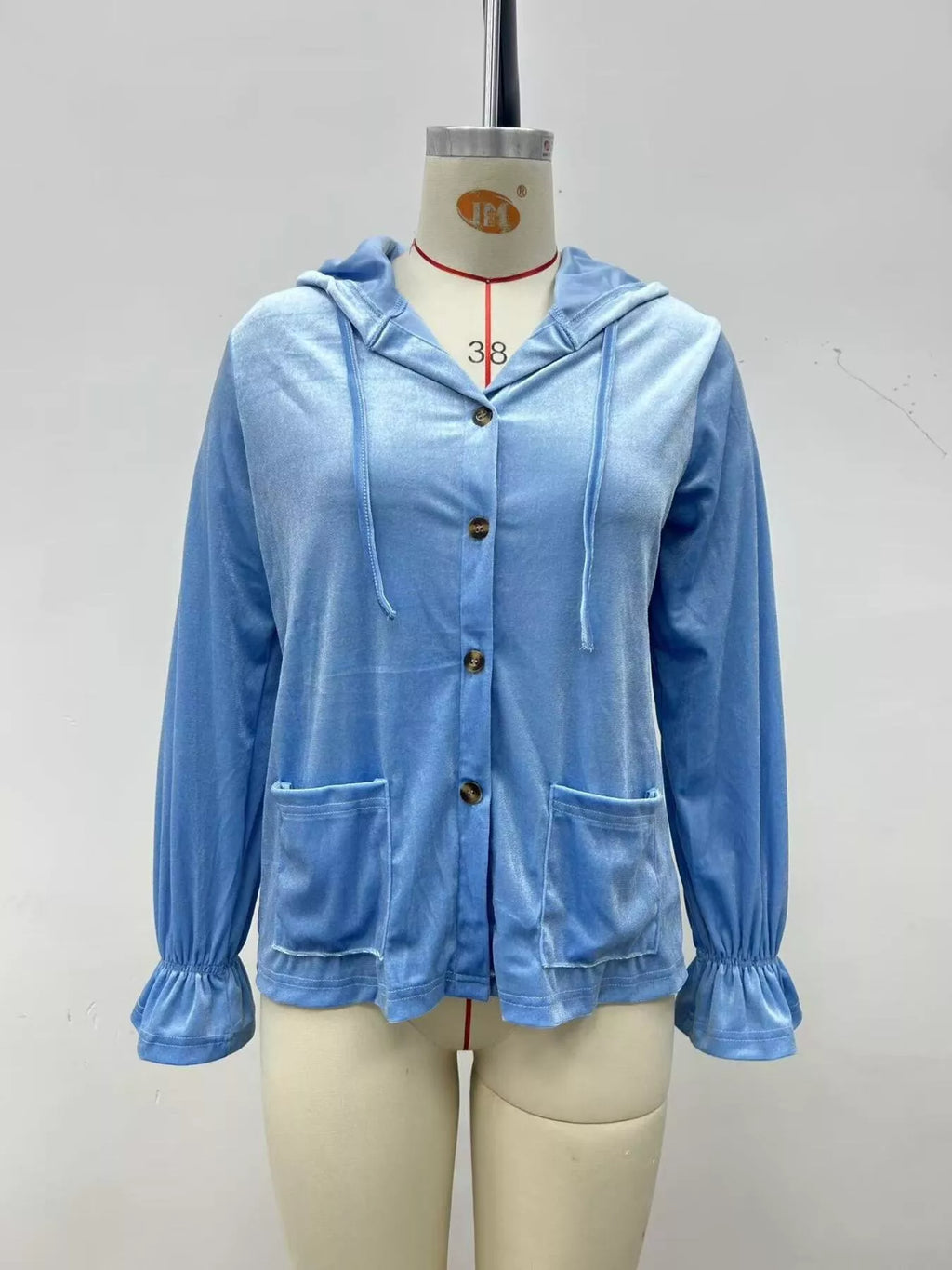 Plus size velvet button-down hooded jacket with ruffles, view 5