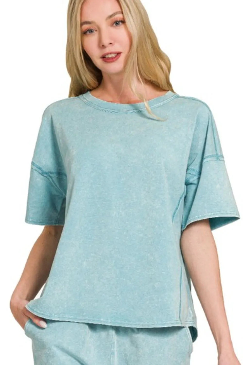 Acid washed short sleeve tee and shorts set by Zenana, casual summer outfit with relaxed fit and trendy style.