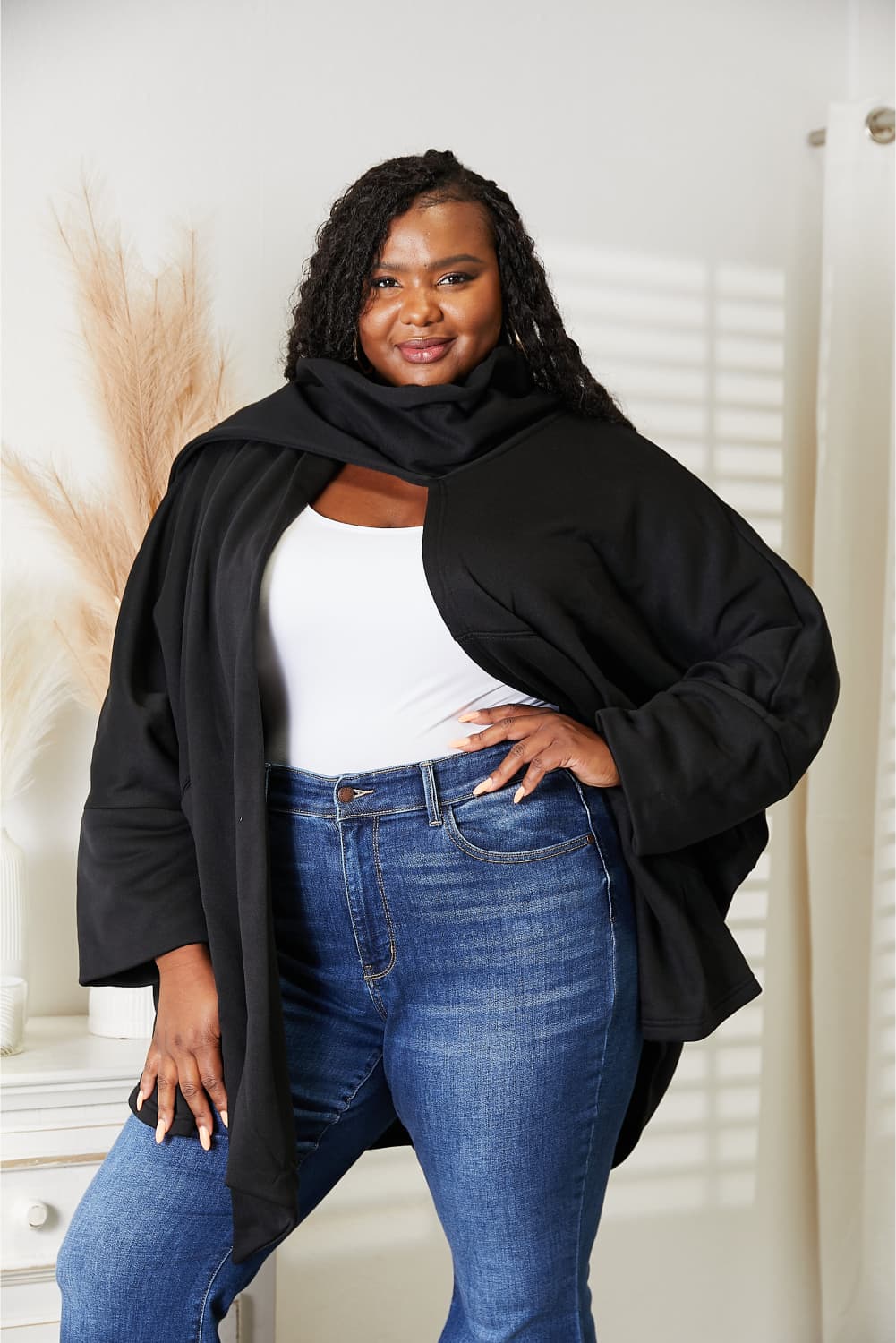 Heyson full size open front cardigan with scarf design, featuring cozy knit fabric and stylish drape, by Trendsi.