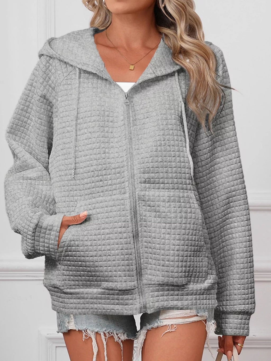 Plus size textured quilted zip-up hooded jacket, view 24