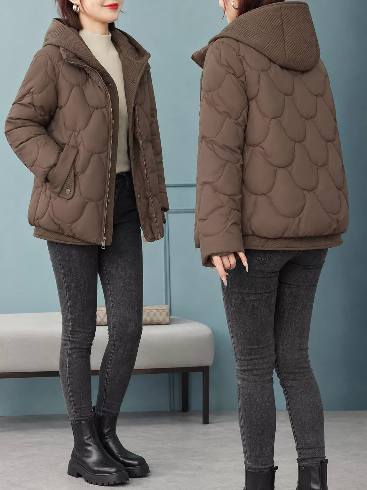 Plus size quilted hooded puffer jacket with snap buttons, view 20