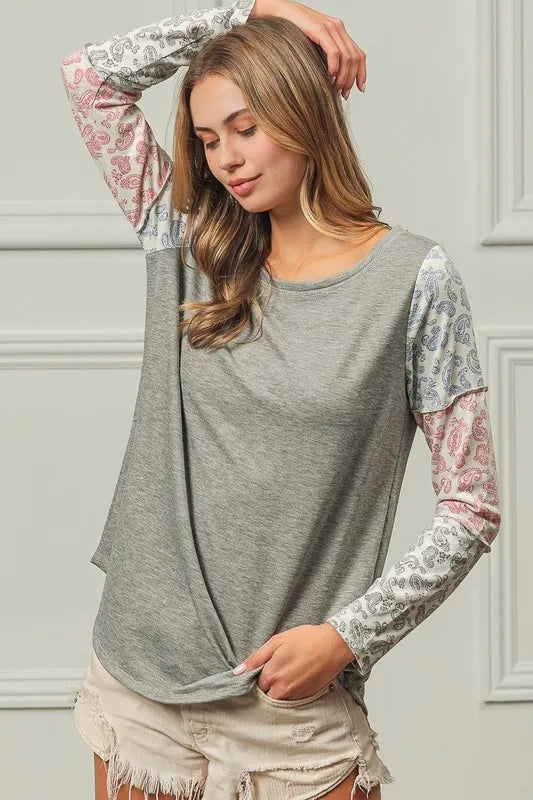 BiBi French Terry hoodie with paisley triblend color block, featuring a relaxed fit and trendy design by Trendsi.