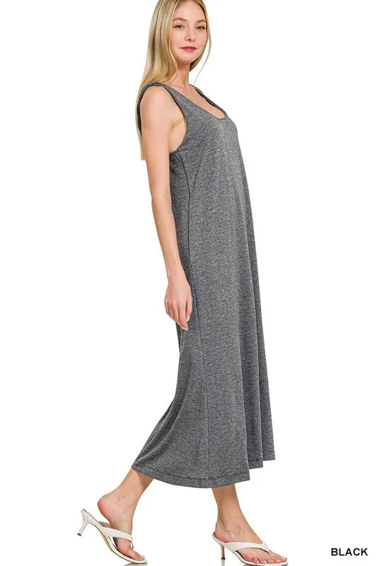 Zenana French Terry Twisted Strap Midi Dress shown on a model, featuring a relaxed fit and twisted shoulder straps for casual style.
