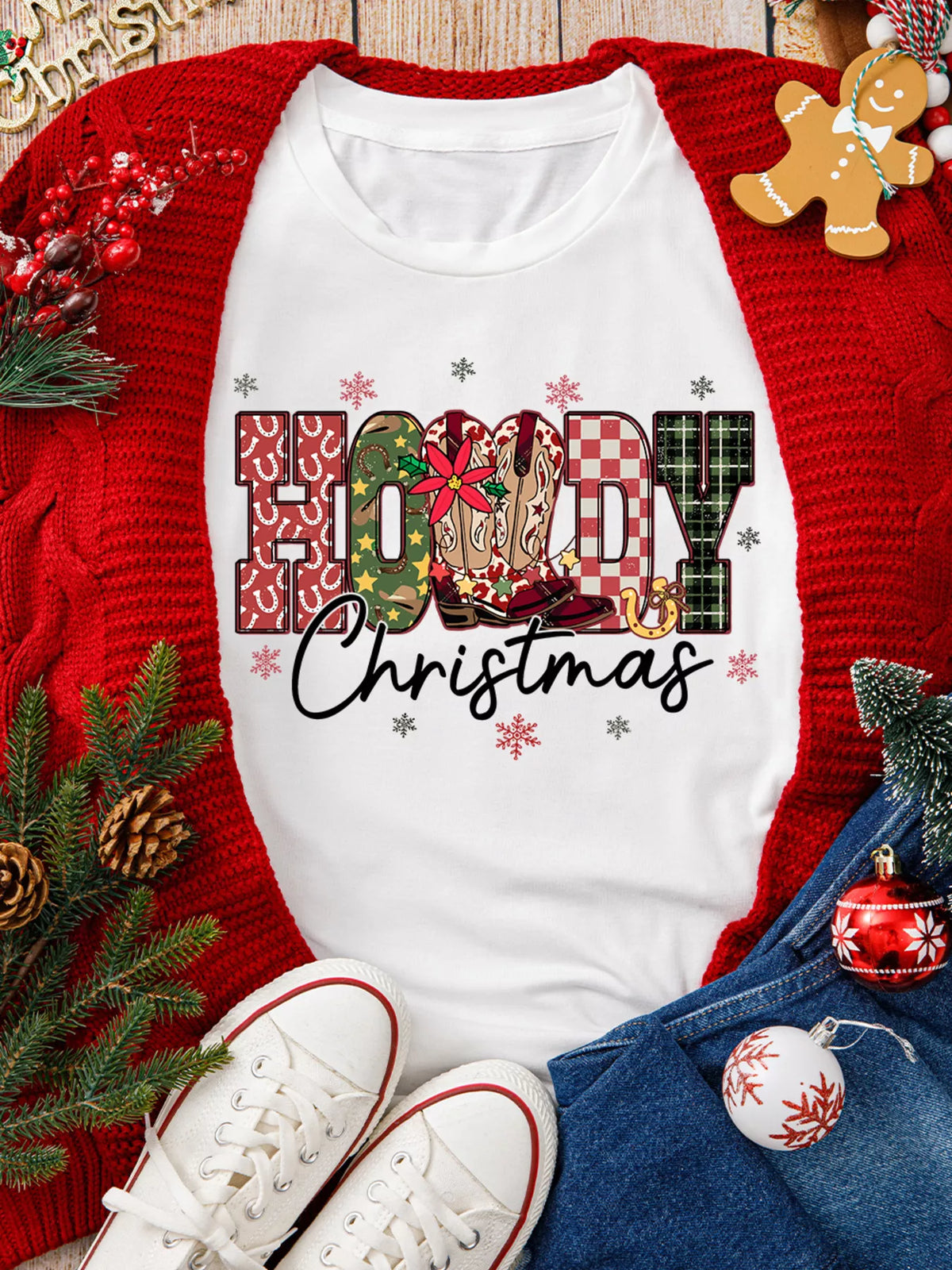 White crew neck T-shirt with HOWDY Christmas print, view 4