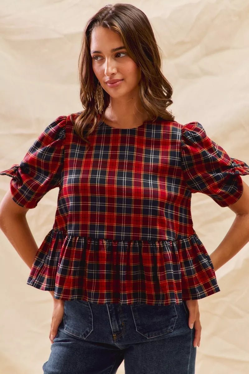 Red Christmas plaid ribbon short sleeve top, view 5