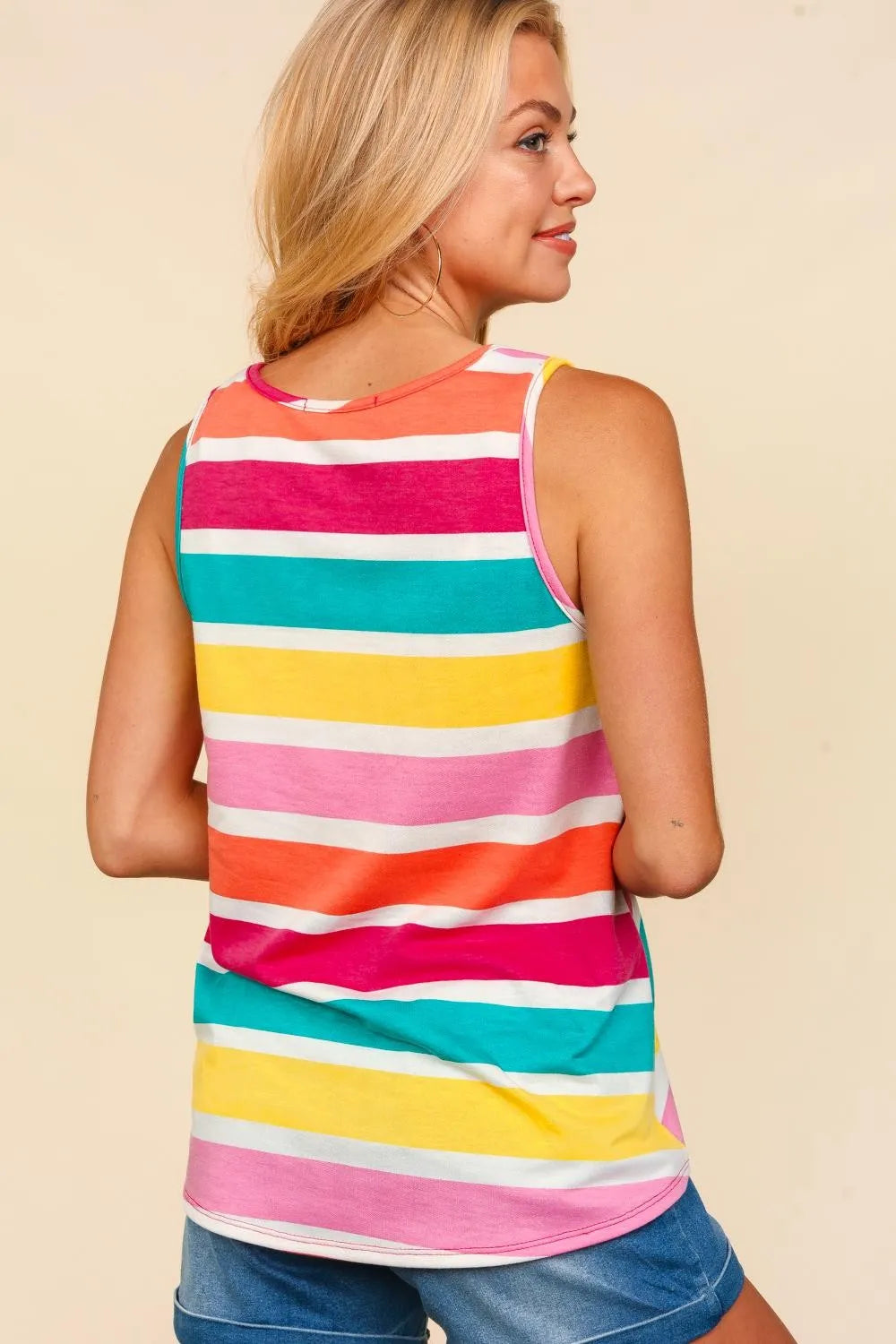Haptics round neck striped knit tank top by Trendsi, featuring a close-up of the beige and white striped fabric.